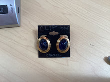 Load image into Gallery viewer, Carolee signed Vintage gold faux lapis designer runway clip earrings
