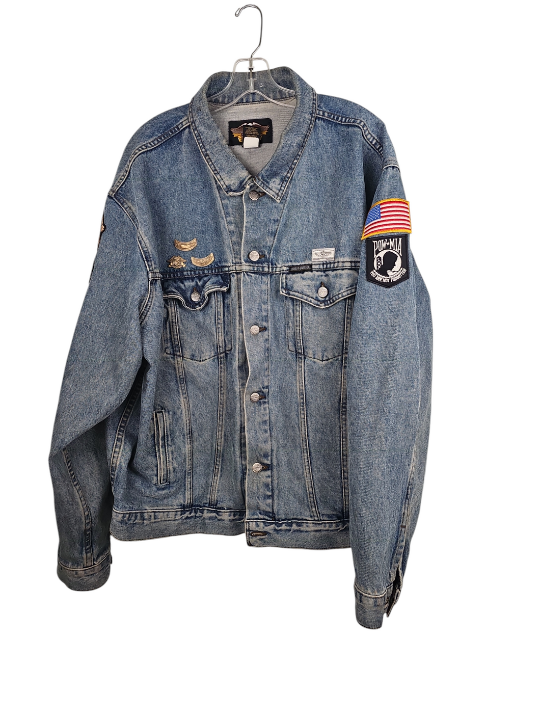 HARLEY DAVIDSON VINTAGE DENIM JACKET W/PATCHES AND PINS